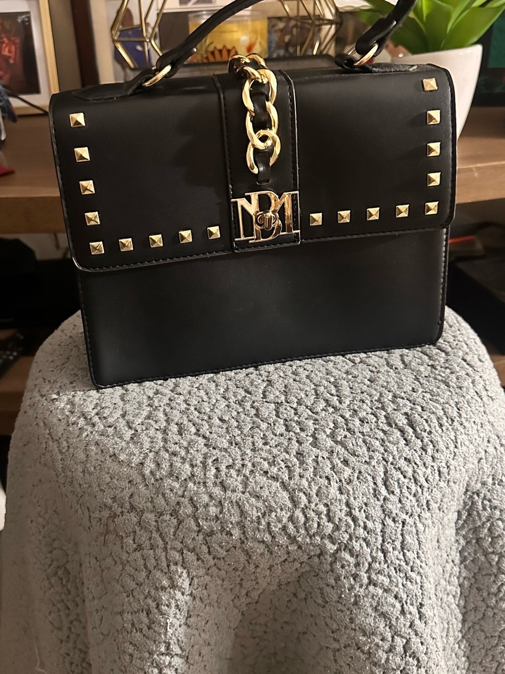 Badgley Mischka Black Satchel with Gold Stud and Chain Detail